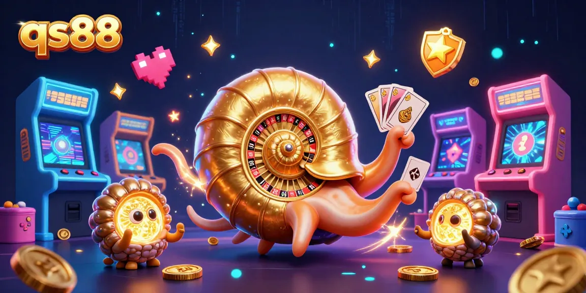 Engage with qs88's immersive gaming experience featuring a giant nautilus roulette wheel and vibrant arcade elements.