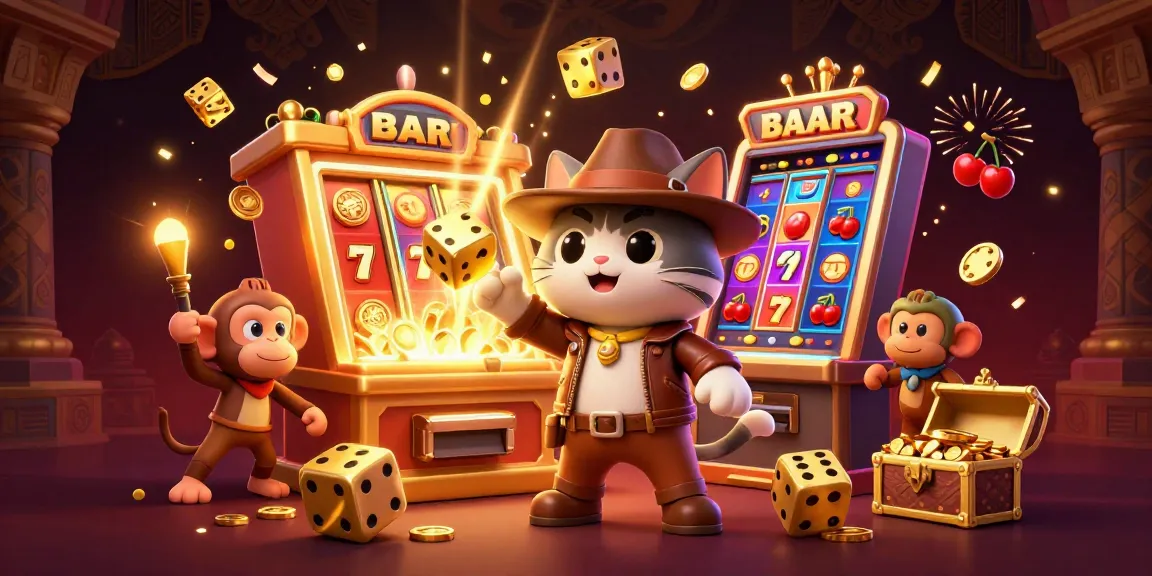 F8BET jackpot scene with a cat explorer and monkey, bursting slot machine and flying coins.