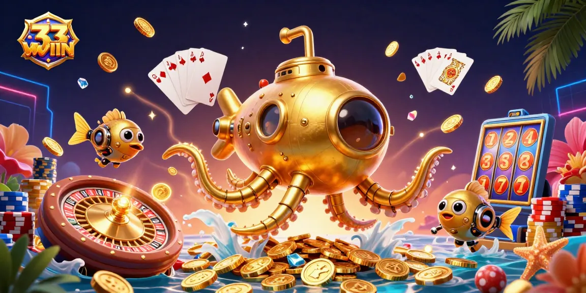 Experience the thrill at 33WIN as you dive into a vibrant casino world filled with golden coins and exciting games.