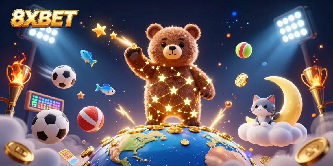 8XBET players enjoy a vibrant gaming experience with cartoon characters amidst flying sports balls and glowing elements.