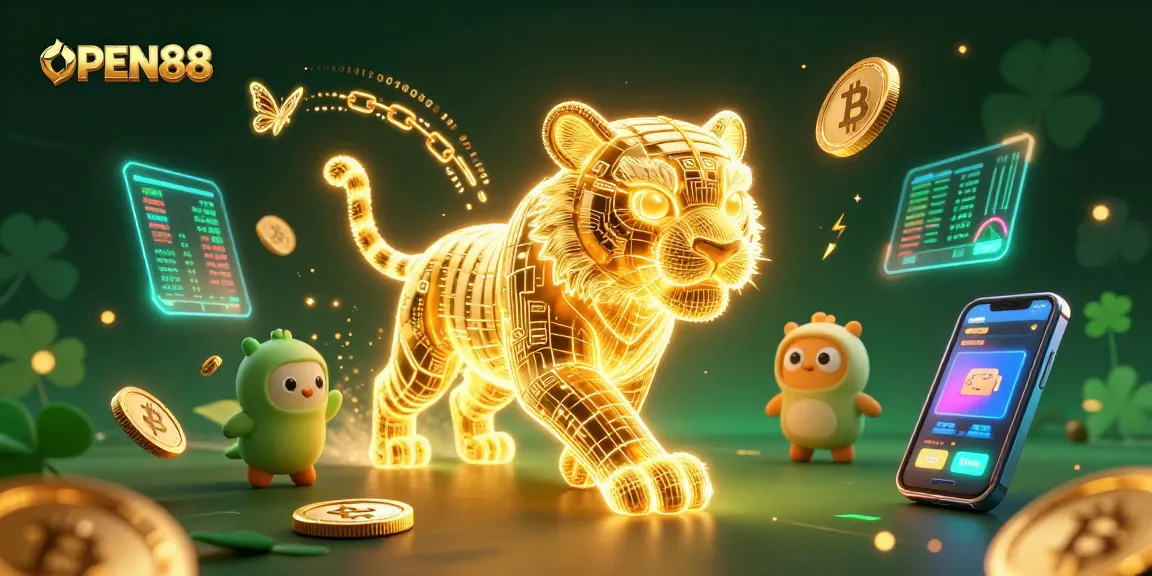 Engage in thrilling games at OPEN88 with a golden tiger and vibrant crypto elements in a digital casino.