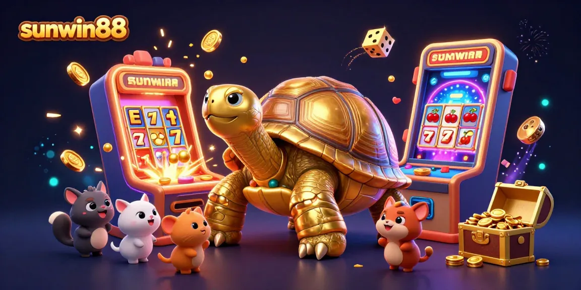 Experience thrilling gameplay at sunwin88 with a vibrant illustration of a 3D casino scene featuring dynamic slot machines and gold.