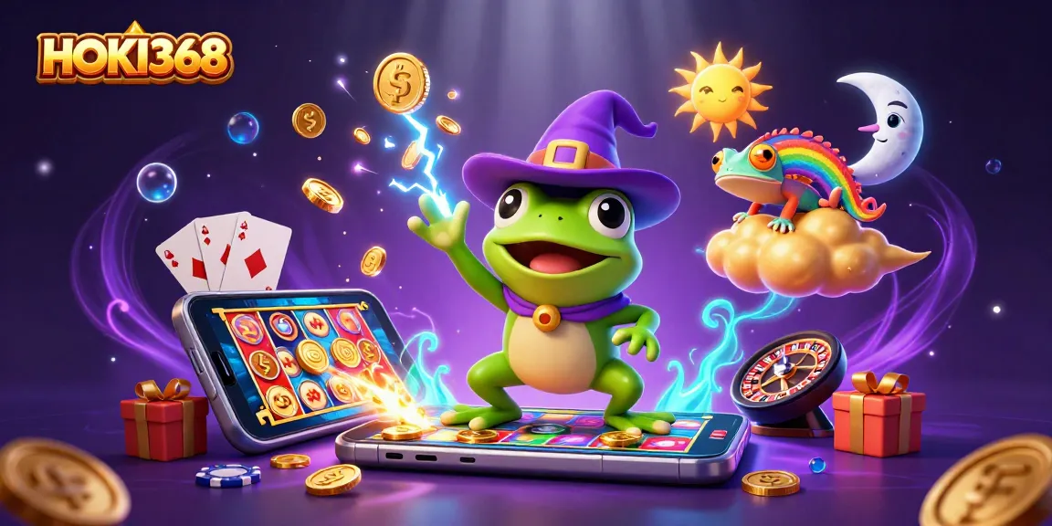 Spin and win with HOKI368's dynamic gaming scene filled with golden coins and casino elements.