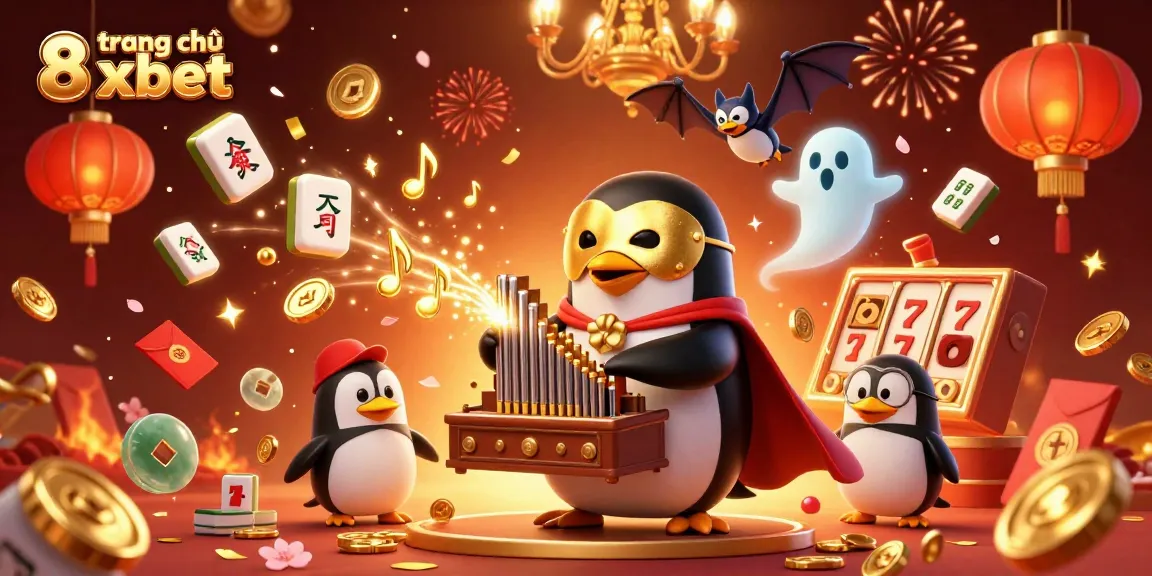 Experience the excitement of trang chủ 8xbet as the phantom opera penguin plays and coins rain down in a vibrant casino scene.