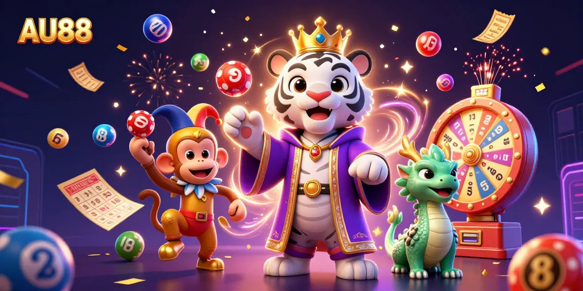 Celebrate big wins with AU88's vibrant gaming atmosphere, featuring dynamic lottery elements and exciting characters.