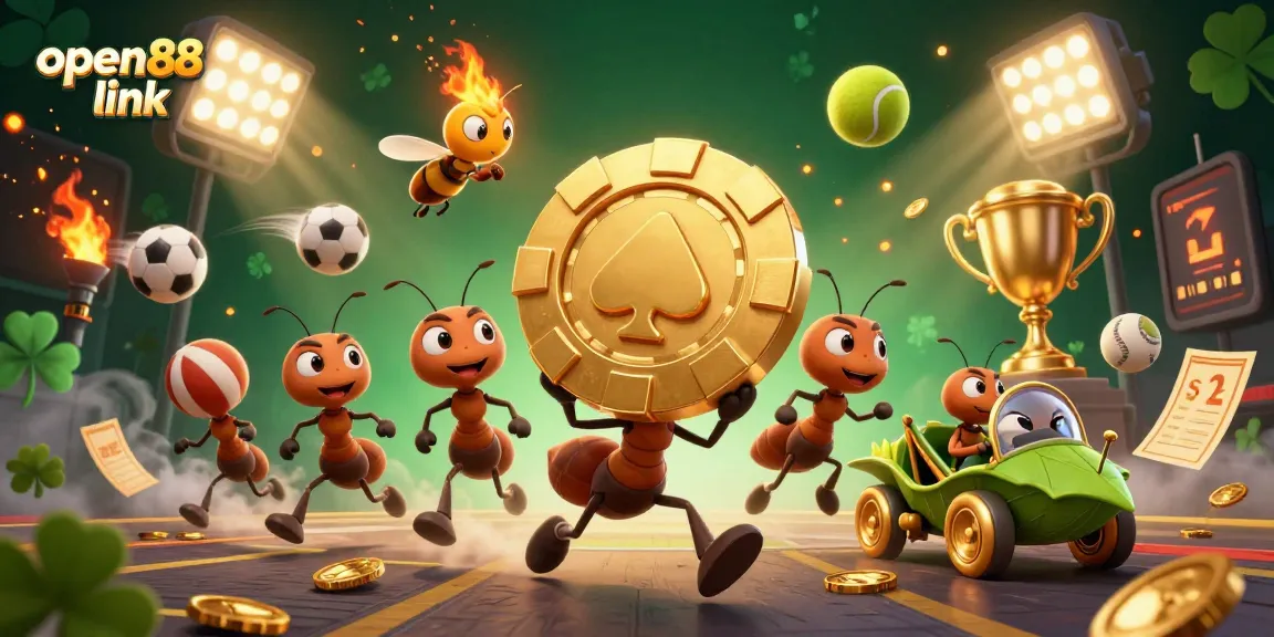 Experience the excitement of open88 link with a whimsical heist scene featuring playful ants and vibrant betting elements.