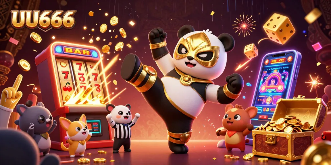 UU666 showcases a thrilling 3D casino scene with pandas, slots, and a referee, embodying wild gambling excitement.