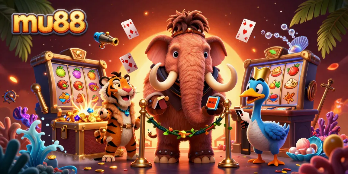 Experience mu88's vibrant casino scene with engaging characters and slot game elements.