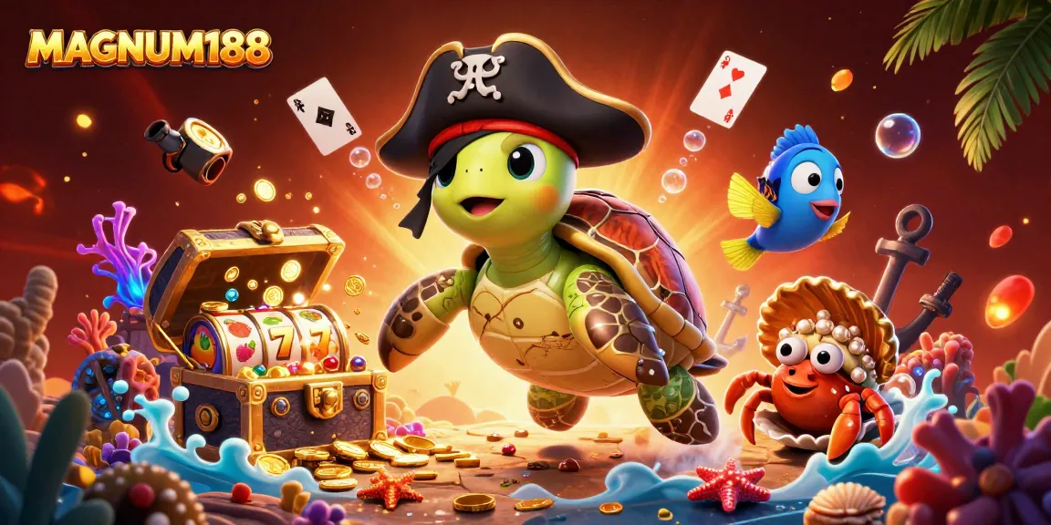 Experience thrilling gameplay at MAGNUM188 with vibrant slot reels and treasure-filled underwater characters.