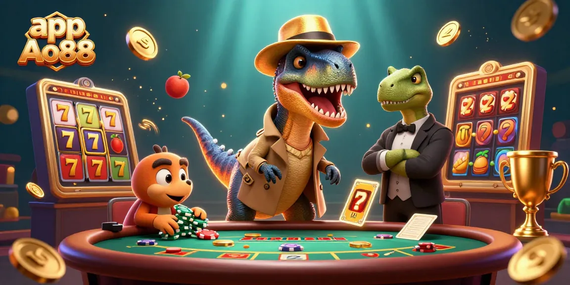Experience thrilling moments with app Ao88 while a clever velociraptor plays blackjack in a vibrant casino scene.